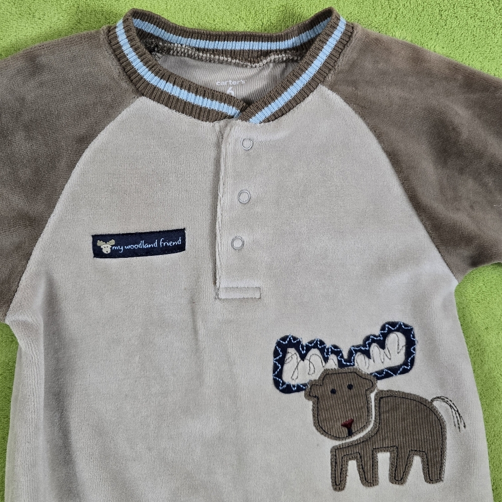 NWT 3-6M Baby BOYS Soft VELOUR Jumpsuit - Romper BROWN MOOSE + Blue Accent (Q3)